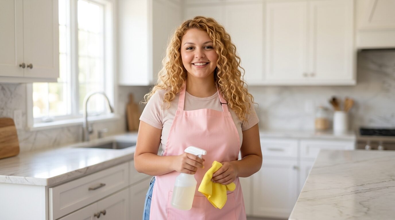 Gaby, house cleaning professional, in a bright clean kitchen